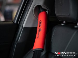 Seat Belt Shoulder Pads - set of 2 - Red w/ Alfa Romeo Logo + Black Binding